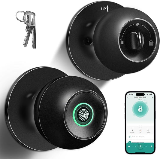 Fingerprint Door Lock, Smart Fingerprint Door Knob with Lock, Biometric Door Lock with App Control & Key, Keyless Thumbprint Entry Door Lock for Bedroom, Front Door, Home, Apartment Office and Garages