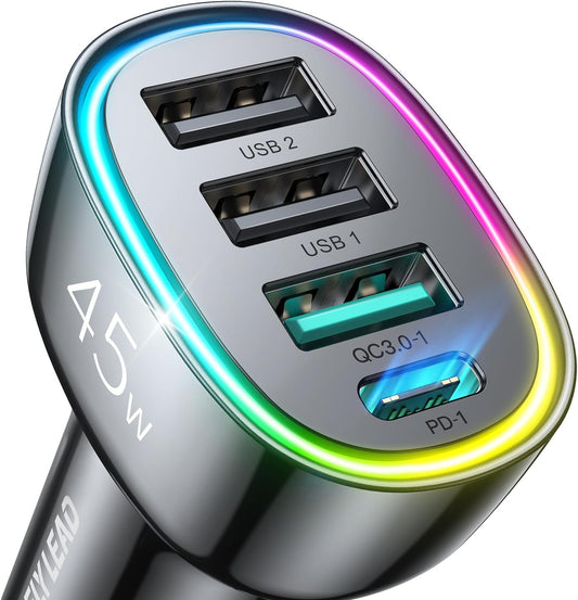 USB C Car Charger, 45W 4 Ports Super Fast Car Charger Adapter, PD3.0 & QC3.0 30W Type C Car Charger Compatible with iPhone 15/14/13/12/11, Samsung Galaxy S24 Ultra/S23, Cigarette Lighter USB Charger