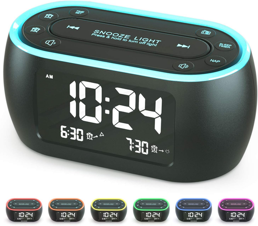 MPK Glow Small Alarm Clock Radio for Bedrooms with 7 Color Night Light, Dual Alarm, Dimmer, USB Charger, Battery Backup, Nap Timer, FM Radio with Auto-Off Timer for Bedside